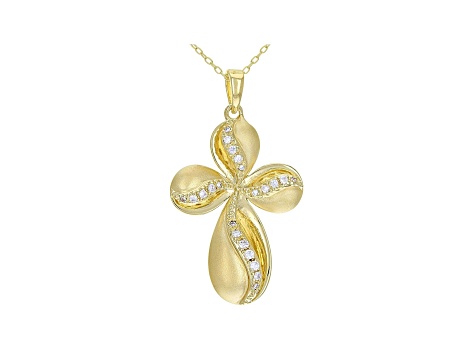White Cubic Zirconia 18K Yellow Gold Over Sterling Silver Cross Pendant With Chain 0.32ctw