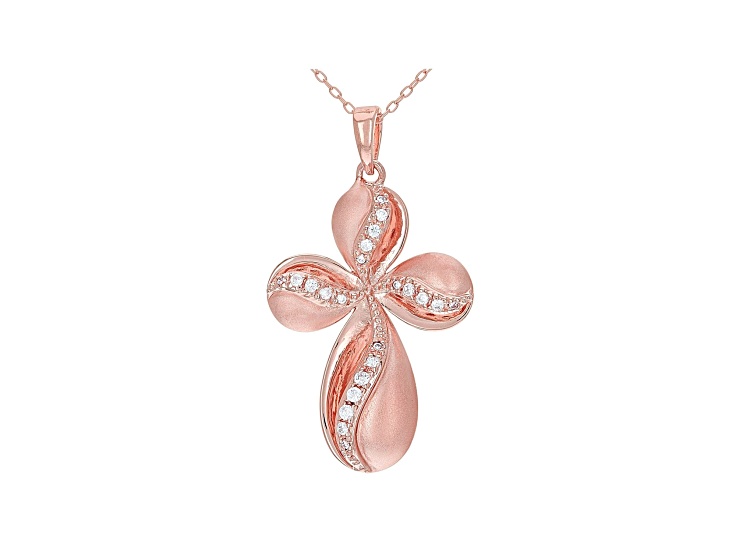 White Cubic Zirconia 18K Rose Gold Over Sterling Silver Cross Pendant With Chain 0.32ctw