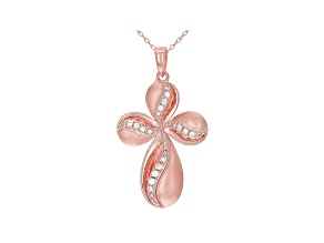 White Cubic Zirconia 18K Rose Gold Over Sterling Silver Cross Pendant With Chain 0.32ctw