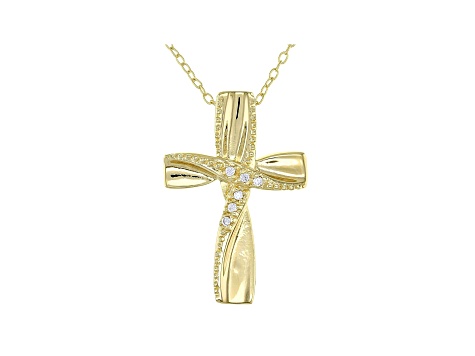White Cubic Zirconia 18K Yellow Gold Over Sterling Silver Cross Pendant With Chain 0.05ctw