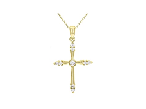 White Cubic Zirconia 18K Yellow Gold Over Sterling Silver Cross Pendant With Chain 0.66ctw