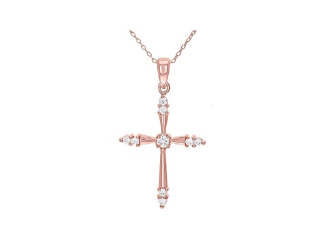 White Cubic Zirconia 18K Rose Gold Over Sterling Silver Cross Pendant With Chain 0.66ctw