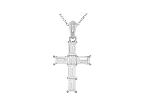 White Cubic Zirconia Rhodium Over Sterling Silver Cross Pendant With Chain 2.41ctw