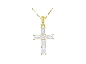White Cubic Zirconia 18K Yellow Gold Over Sterling Silver Cross Pendant With Chain 2.41ctw