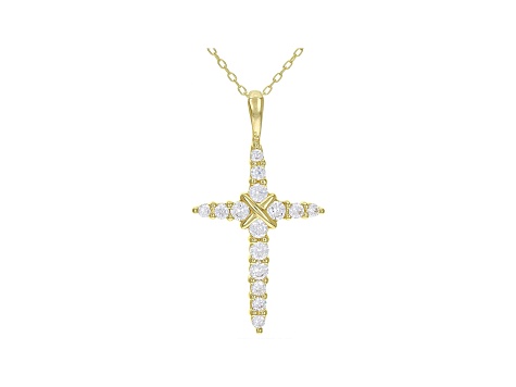 White Cubic Zirconia 18K Yellow Gold Over Sterling Silver Cross Pendant With Chain 1.11ctw