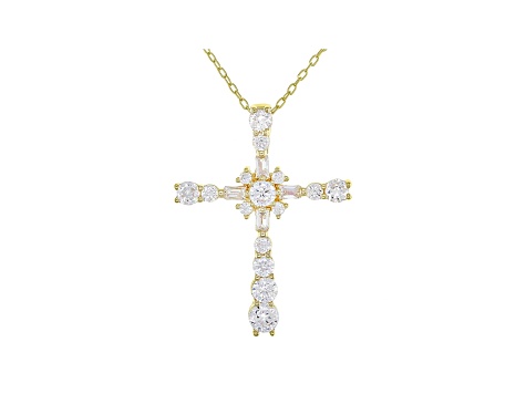 White Cubic Zirconia 18K Yellow Gold Over Sterling Silver Cross Pendant With Chain 1.81ctw