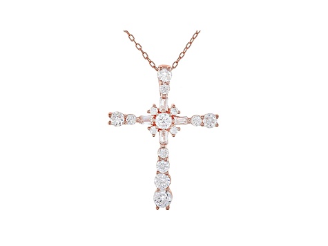 White Cubic Zirconia 18K Rose Gold Over Sterling Silver Cross Pendant With Chain 1.81ctw