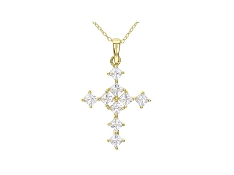 White Cubic Zirconia 18K Yellow Gold Over Sterling Silver Cross Pendant With Chain 1.94ctw