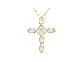 White Cubic Zirconia 18K Yellow Gold Over Sterling Silver Cross Pendant With Chain 1.03ctw
