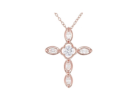 White Cubic Zirconia 18K Rose Gold Over Sterling Silver Cross Pendant With Chain 1.03ctw