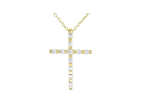 White Cubic Zirconia 18K Yellow Gold Over Sterling Silver Cross Pendant With Chain 0.46ctw