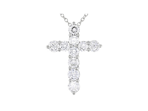 White Cubic Zirconia Rhodium Over Sterling Silver Cross Pendant With Chain 3.49ctw