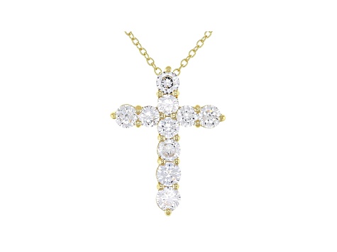 White Cubic Zirconia 18K Yellow Gold Over Sterling Silver Cross Pendant With Chain 3.49ctw