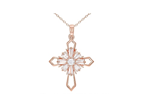 White Cubic Zirconia 18K Rose Gold Over Sterling Silver Cross Pendant With Chain 1.66ctw