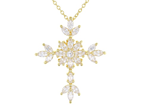 White Cubic Zirconia 18K Yellow Gold Over Sterling Silver Cross Pendant With Chain 2.76ctw
