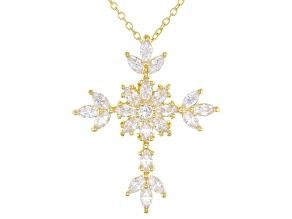 White Cubic Zirconia 18K Yellow Gold Over Sterling Silver Cross Pendant With Chain 2.76ctw