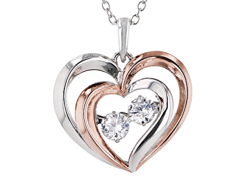 White Cubic Zirconia 18k Rose Gold Over Sterling Silver Heart Pendant With Chain 0.81ctw