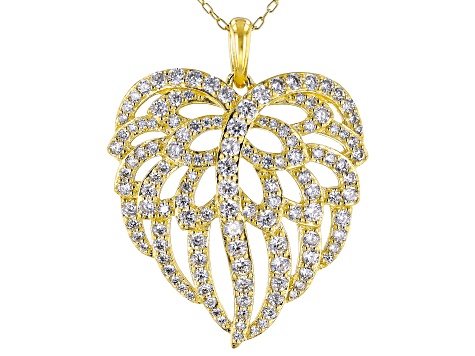 White Cubic Zirconia 18K Yellow Gold Over Silver Angel Wing Heart Pendant With Chain 3.35ctw