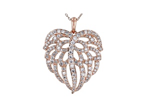 White Cubic Zirconia 18K Rose Gold Over Silver Angel Wing Heart Pendant With Chain 3.35ctw