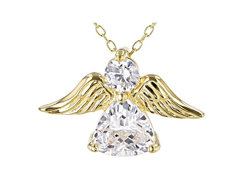 White Cubic Zirconia 18K Yellow Gold Over Sterling Silver Angel Pendant With Chain 2.42ctw