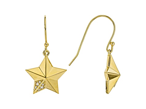 White Cubic Zirconia 18K Yellow Gold Over Sterling Silver Star Dangle Earrings 0.18ctw