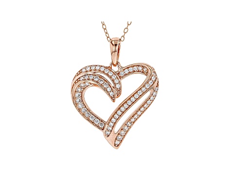 White Cubic Zirconia 18K Rose Gold Over Sterling Silver Heart Pendant With Chain 0.73ctw