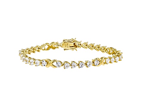 White Cubic Zirconia 18K Yellow Gold Over Sterling Silver Heart Tennis Bracelet 12.09ctw