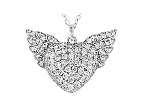 White Cubic Zirconia Rhodium Over Sterling Silver Heart Angel Wing Pendant With Chain 4.05ctw.