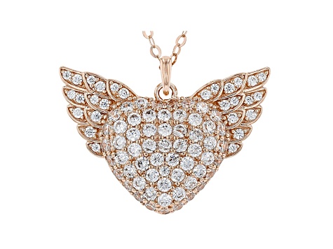 White Cubic Zirconia 18K Rose Gold Over Silver Heart Angel Wing Pendant With Chain 4.05ctw.