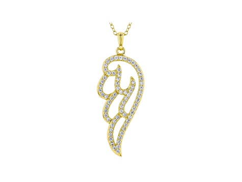 White Cubic Zirconia 18K Yellow Gold Over Sterling Silver Angel Wing Pendang With Chain 1.09ctw