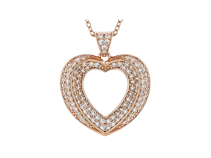 White Cubic Zirconia 18K Rose Gold Over Sterling Silver Heart Pendant With Chain 1.59ctw