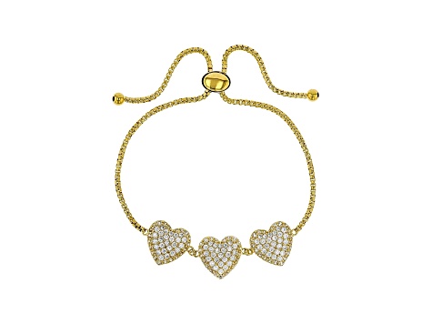White Cubic Zirconia 18K Yellow Gold Over Sterling Silver Adjustable Heart Bracelet 3.50ctw