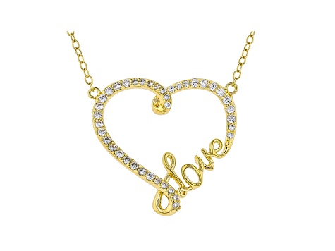 White Cubic Zirconia 18K Yellow Gold Over Sterling Silver Heart "Love" Necklace 0.50ctw