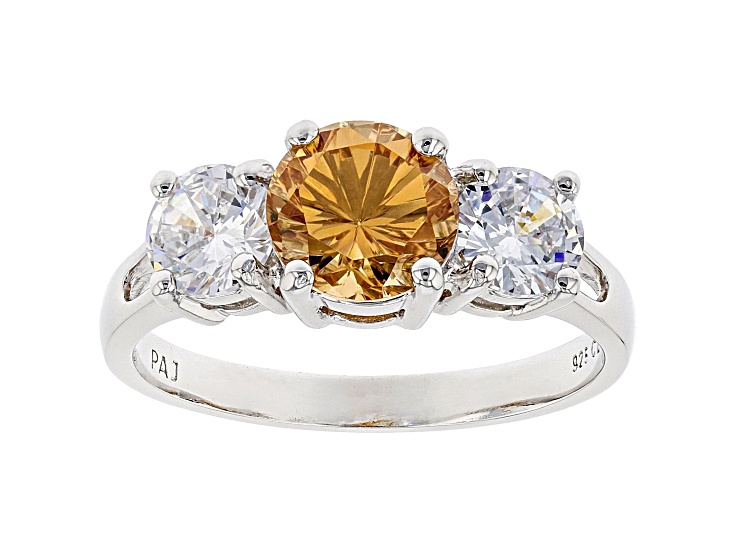 Champagne And White Cubic Zirconia Rhodium Over Sterling Silver Ring 3.69ctw