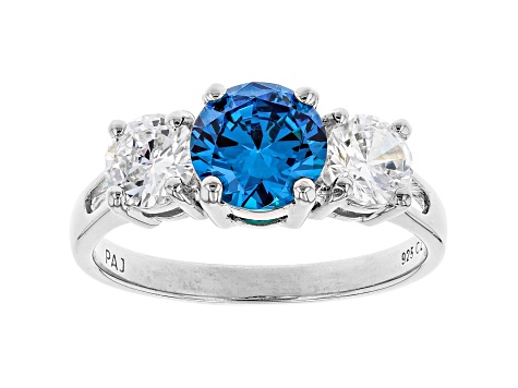 Blue And White Cubic Zirconia Rhodium Over Sterling Silver Ring 3.48ctw