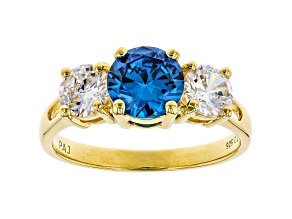 Blue And White Cubic Zirconia 18K Yellow Gold Over Sterling Silver Ring 3.48ctw