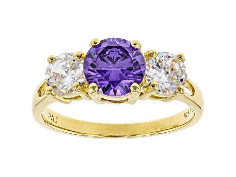 Purple And White Cubic Zirconia 18K Yellow Gold Over Sterling Silver Ring 3.67ctw