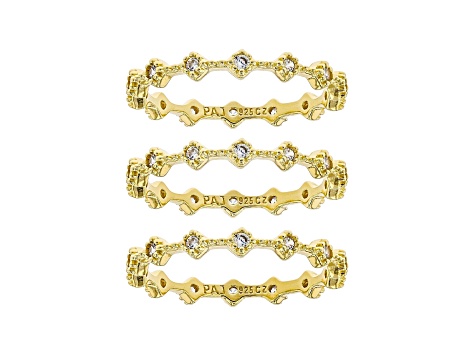 White Cubic Zirconia 18k Yellow Gold Over Sterling Silver Eternity Band Rings- Set of 3 1.13ctw