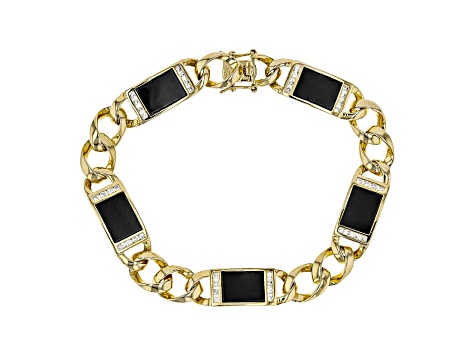 Black Agate And White Cubic Zirconia 18K Yellow Gold Over Silver Mens Bracelet 9.13ctw