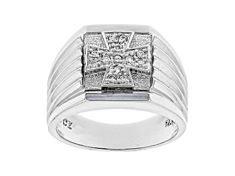 White Cubic Zirconia Rhodium Over Sterling Silver Mens Cross Ring 0.20ctw