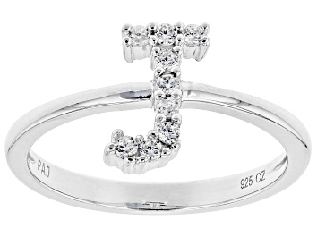 Picture of White Cubic Zirconia Rhodium Over Sterling Silver J Ring 0.24ctw