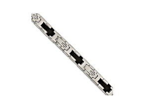 White Cubic Zirconia Two-Tone Polished Stainless Steel Mens Cross Bracelet