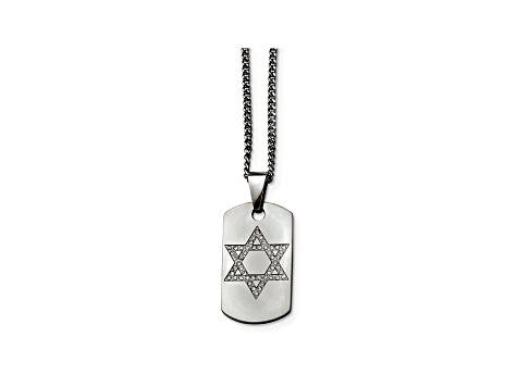 White Cubic Zirconia Stainless Steel Mens Star Of David Dog Tag Pendant With Chain