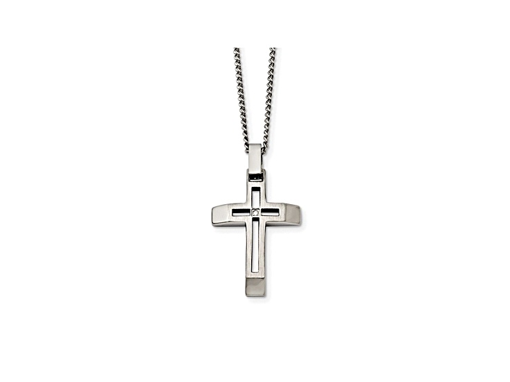 White Cubic Zirconia Polished Stainless Steel Mens Cross Pendant With Chain