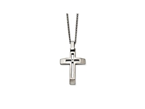 White Cubic Zirconia Polished Stainless Steel Mens Cross Pendant With Chain