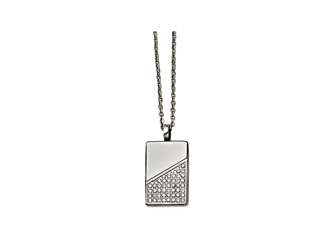 White Cubic Zirconia Polished Stainless Steel Mens Dog Tag Pendant With Chain