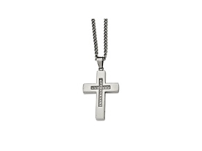 White Cubic Zirconia Polished Stainless Steel Mens Cross Pendant With Chain