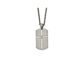 White Cubic Zirconia Polished Stainless Steel Mens Cross Dog Tag Pendant With Chain