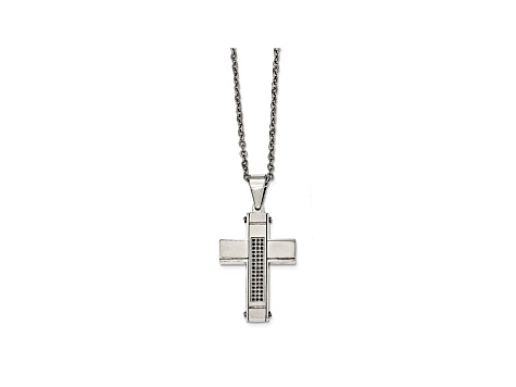 Black Cubic Zirconia Stainless Steel Mens Cross Pendant With Chain