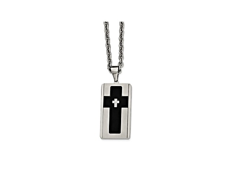 White Cubic Zirconia Two-Tone Stainless Steel Mens Cross Pendant With Chain